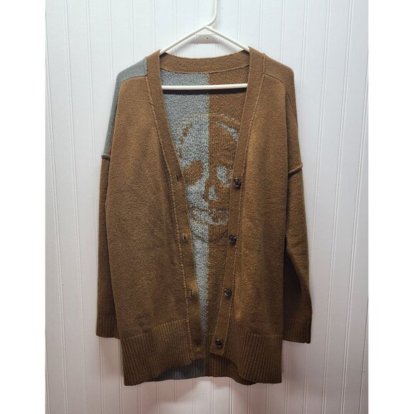 Two-Tone Brown & Gray Skull Graphic Cardigan Sweater Button Front Long Sleeve Ov - Picture 5 of 14